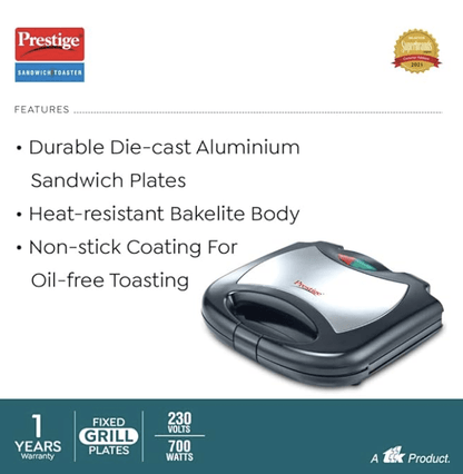 பிரெஸ்டீஜ் PGMFS சாண்ட்விச் மேக்கர் 700W நான்-ஸ்டிக் ஃபிக்ஸட் கிரில்டு பிளேட்டுகளுடன் (கருப்பு) 
