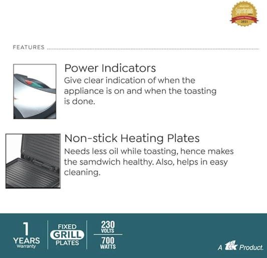 பிரெஸ்டீஜ் PGMFS சாண்ட்விச் மேக்கர் 700W நான்-ஸ்டிக் ஃபிக்ஸட் கிரில்டு பிளேட்டுகளுடன் (கருப்பு)