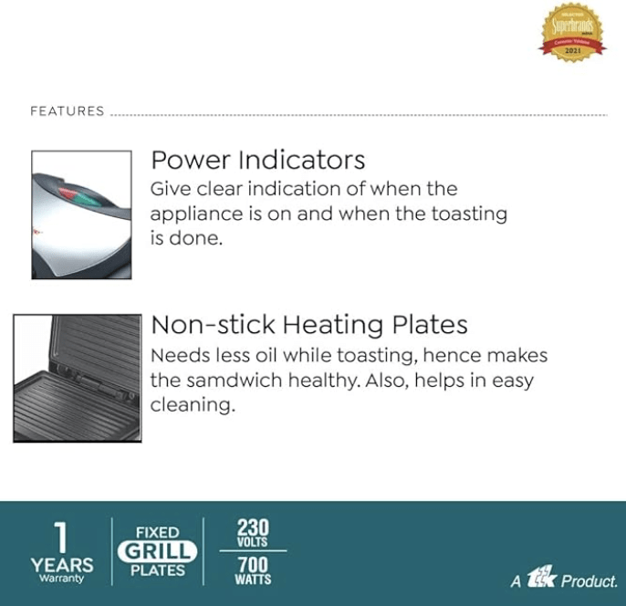 Prestige PGMFS Sandwich Maker 700W with Non-stick Fixed Grilled Plates (Black)-2