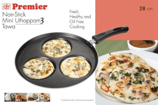 PREMIER Non Stick Omini Aluminium Uthappam 3 Tawa - 28cm, 019623 (Red)