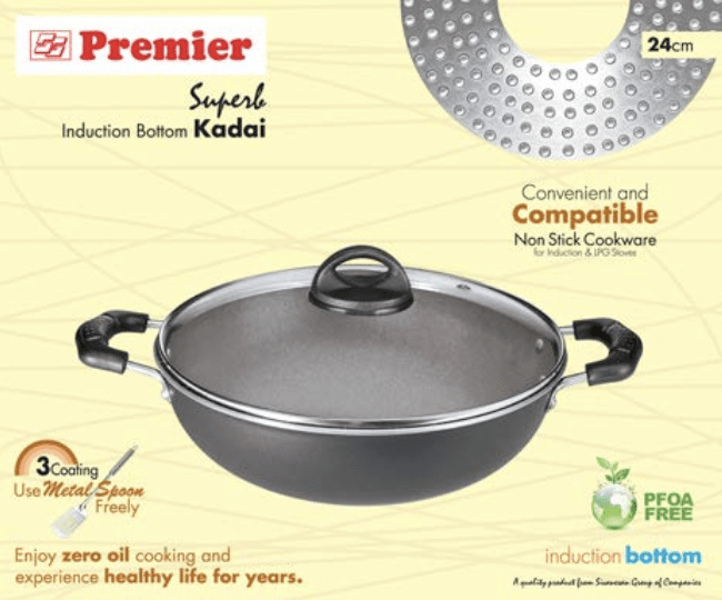 Premier Non Stick Superb Induction Base Non Stick Tawa (3 Coat) Deep Kadai with G.lid 24cm Code-059086
