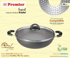 Premier Non Stick Superb Induction Base Non Stick Tawa (3 Coat) Deep Kadai with G.lid 24cm Code-059086-2