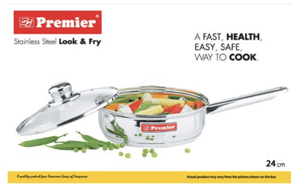 Premier Stainless Steel Induction Friendly Frying Pan 24cm with Glass Lid