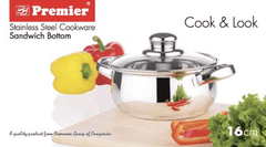 PREMIER Stainless Steel Cook & Look with Glass LID with Sandwich Bottom 16CM CODE-0061711-2