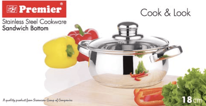 பிரீமியர் ஸ்டெயின்லெஸ் ஸ்டீல் குக் &amp; லுக் வித் கிளாஸ் மூடி வித் சாண்ட்விச் பாட்டம் 18CM CODE-0061811 