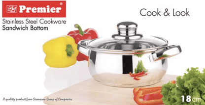 பிரீமியர் ஸ்டெயின்லெஸ் ஸ்டீல் குக் &amp; லுக் வித் கிளாஸ் மூடி வித் சாண்ட்விச் பாட்டம் 18CM CODE-0061811 