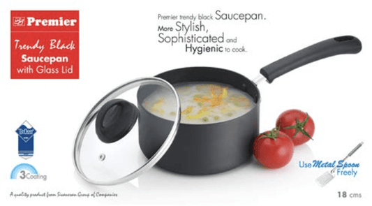 Premier Trendy Black Non Stick Sauce Pan with Glass Lid 18cm Code-129031