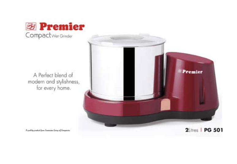Premier Compact Wet Grinder Pg 501 2ltr 200 Watts Gear Driven 230v - Maroon | Gear-Driven Motor, Space-Saving Compact Design, Stylish Maroon Finish, Durable Stainless Steel Drum-5