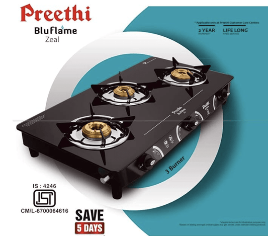 Preethi - GTS124 Zeal glass top 3 burner gas stove, Manual Ignition, Black