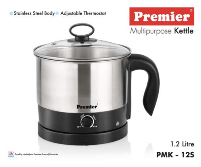 PREMIER Multi Purpose Kettle Pmk-12-5(Ss) 1.2 Ltr (Code-054009),Silver&Black,600 Watts,1.2 Liter