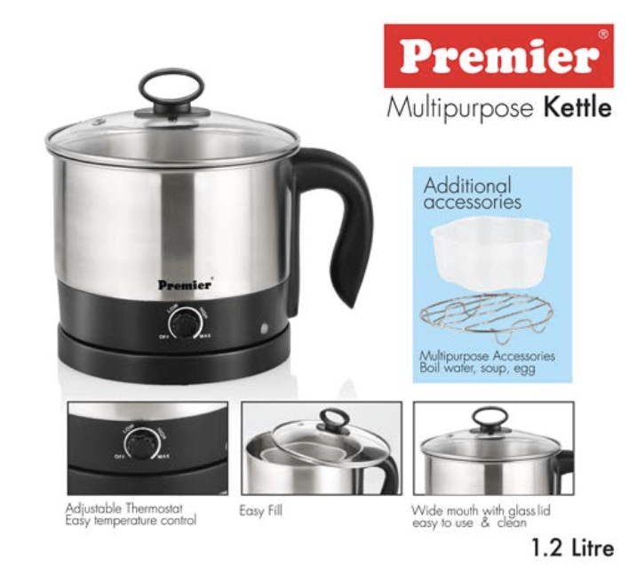 PREMIER Multi Purpose Kettle Pmk-12-5(Ss) 1.2 Ltr (Code-054009),Silver&Black,600 Watts,1.2 Liter