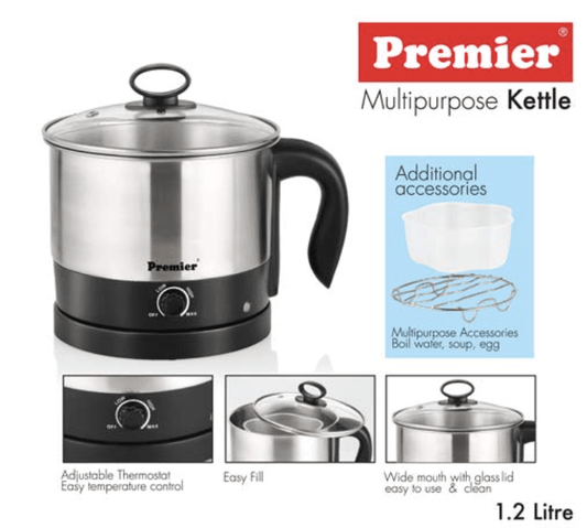PREMIER Multi Purpose Kettle Pmk-12-5(Ss) 1.2 Ltr (Code-054009),Silver&Black,600 Watts,1.2 Liter