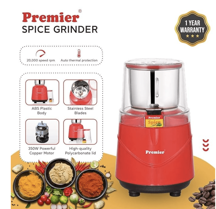 பிரீமியர் மசாலா அரைப்பான் | 350W ஈரமான மற்றும் உலர் மல்டிஃபங்க்ஷன் உணவு அரைப்பான் | வீடு மற்றும் அலுவலகத்திற்கான துருப்பிடிக்காத எஃகு மூலிகைகள், மசாலாப் பொருட்கள், கொட்டைகள் மற்றும் காபி அரைப்பான், பிரிக்கக்கூடிய ஜாடியுடன் 