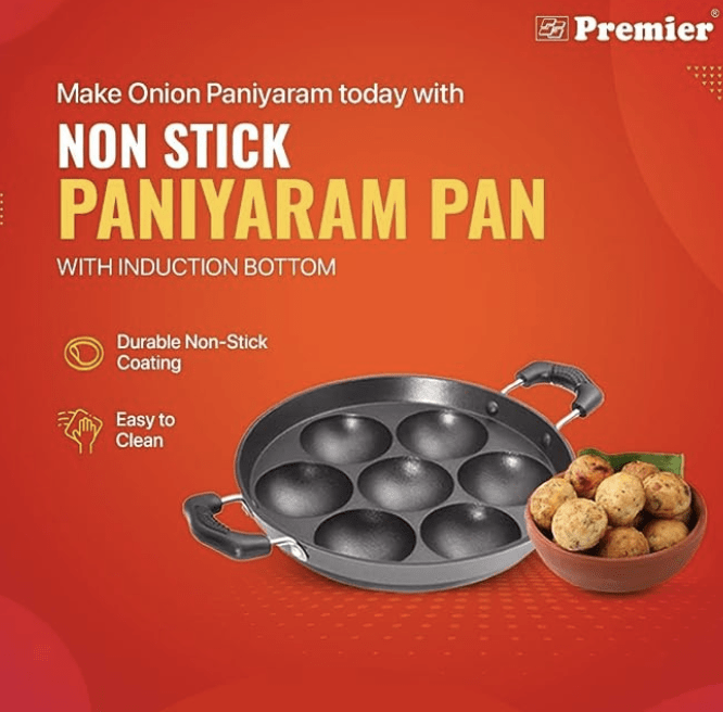 PREMIER Induction Base Non Stick Paniyaram Pan, Black, 7 inches with Spatula and scrubber-2
