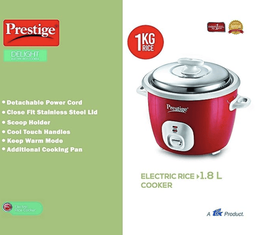 Prestige Delight Electric Rice Cooker Cute 1.8-2 700 watts with 2 Aluminium Cooking Pans (1.8 Liters, Red)