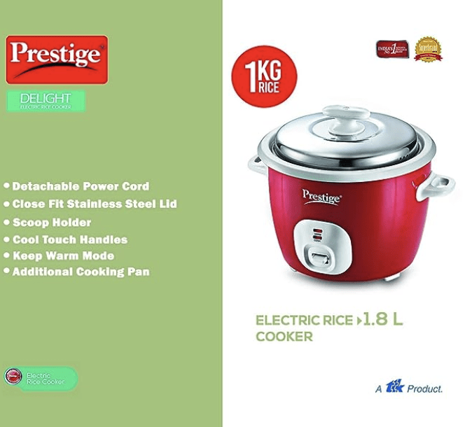 Prestige Delight Electric Rice Cooker Cute 1.8-2 700 watts with 2 Aluminium Cooking Pans (1.8 Liters, Red)-2