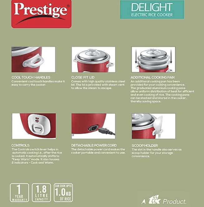 Prestige Delight Electric Rice Cooker Cute 1.8-2 700 watts with 2 Aluminium Cooking Pans (1.8 Liters, Red)-3