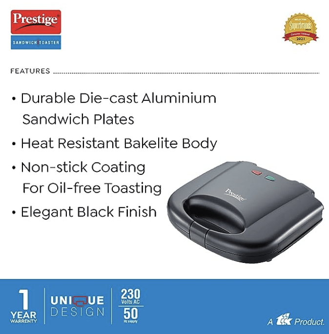 Prestige PGMFB 800 Watt Grill Sandwich Toaster with Fixed Grill Plates, Black-3