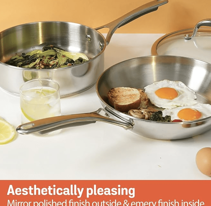 Meyer Select Nickel Free Stainless Steel 3 Piece Cookware Set | Steel Cookware for Kitchen | Induction Base cookware Set l Stainless Steel with Heavy Bottom - 24cm Sautepan + 20cm Frypan, Silver-3