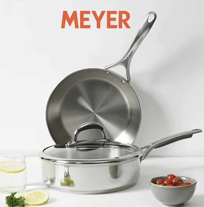 Meyer Select Nickel Free Stainless Steel 3 Piece Cookware Set | Steel Cookware for Kitchen | Induction Base cookware Set l Stainless Steel with Heavy Bottom - 24cm Sautepan + 20cm Frypan, Silver