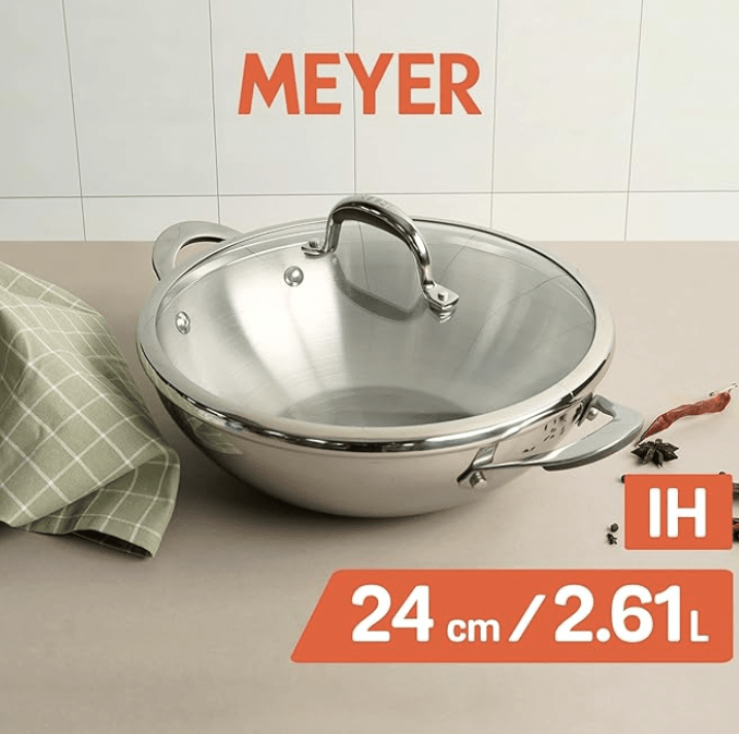 Meyer Select Nickel Free Stainless Steel Kadai, Kadhai with Glass Lid | Steel Kadai with Triply Base | Stainless Steel Cookware for Deep Frying| Gas and Induction Compatible, 24cm/ 2.61 Liters, Silver-3