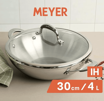 Meyer Select Nickel Free Stainless Steel Kadai | Kadhai with Glass Lid | Steel Kadai with Triply Base | Stainless Steel Cookware for Deep Frying| Gas and Induction Compatible, 30cm/ 4 Liters, Silver