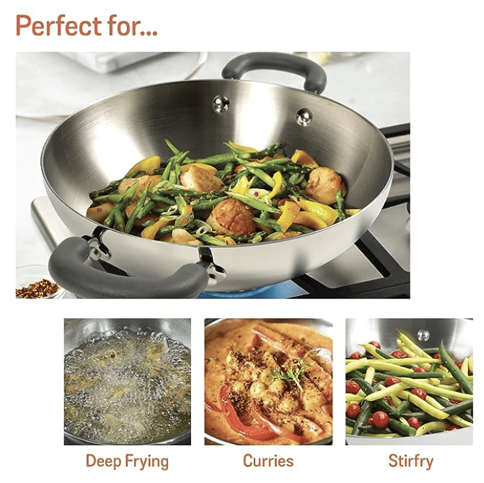 Meyer Trivantage Nickel Free Stainless Steel Triply Kadai | Steel Kadhai with Lid | Steel Cookware with Induction Base | Small Stainless Steel Kadhai | Kadhai for deep Fry, 24cm, Silver