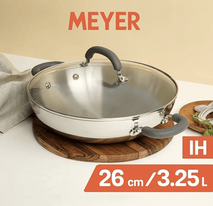 Meyer Trivantage Nickel Free Stainless Steel Triply Kadai | Steel Kadhai with Lid | Stainless Steel Cookware with Induction Base | Big Stainless Steel Kadhai | Kadhai for deep Fry, 26cm, Silver