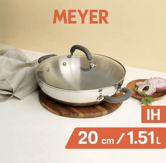 Meyer Trivantage Nickel Free Stainless Steel Triply Kadai | Steel Kadhai with Lid | Stainless Steel Cookware with Induction Base | Small Stainless Steel Kadhai | Kadhai for deep fry, 20cm, Silver