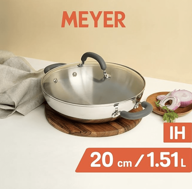 Meyer Trivantage Nickel Free Stainless Steel Triply Kadai | Steel Kadhai with Lid | Stainless Steel Cookware with Induction Base | Small Stainless Steel Kadhai | Kadhai for deep fry, 20cm, Silver-1