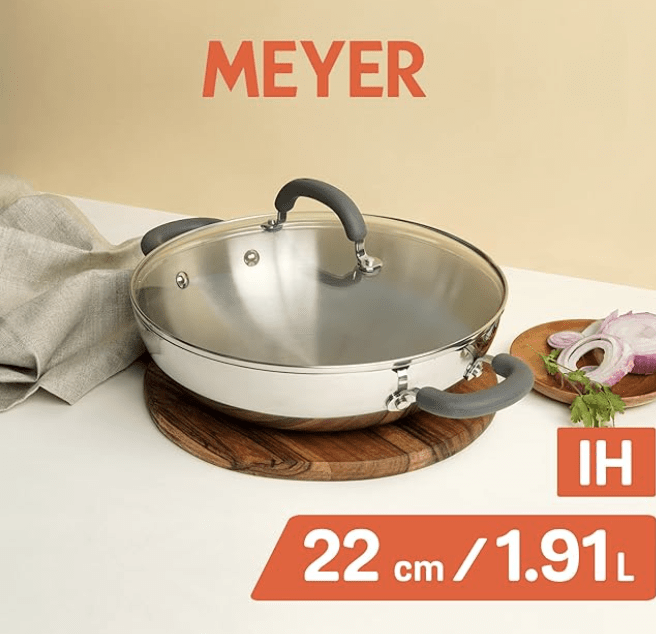 Meyer Trivantage Nickel Free Stainless Steel Triply Kadai | Steel Kadhai with Lid | Stainless Steel Cookware with Induction Base | Small Kadhai for deep Fry, 22cm, Silver