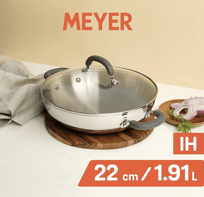 Meyer Trivantage Nickel Free Stainless Steel Triply Kadai | Steel Kadhai with Lid | Stainless Steel Cookware with Induction Base | Small Kadhai for deep Fry, 22cm, Silver