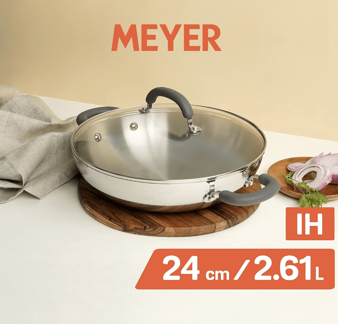 Meyer Trivantage Nickel Free Stainless Steel Triply Kadai | Steel Kadhai with Lid | Steel Cookware with Induction Base | Small Stainless Steel Kadhai | Kadhai for deep Fry, 24cm, Silver