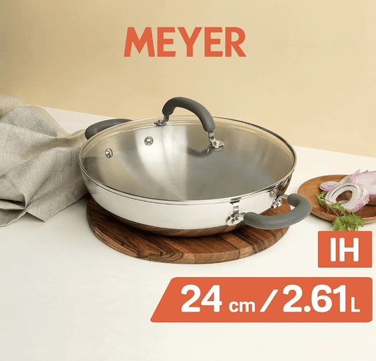 Meyer Trivantage Nickel Free Stainless Steel Triply Kadai | Steel Kadhai with Lid | Steel Cookware with Induction Base | Small Stainless Steel Kadhai | Kadhai for deep Fry, 24cm, Silver