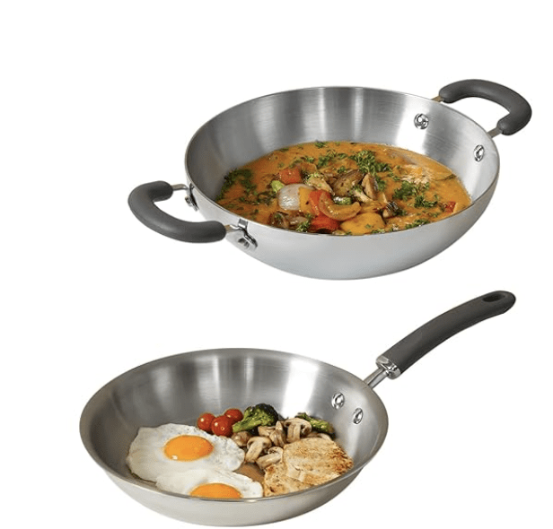 Meyer Trivantage Nickel Free Stainless Steel 3 Piece Cookware Set | Triply Cookware Set with Heavy Bottom | Induction base cookware set - 24cm Frying Pan + Kadai with Interchangeable Lid, Silver