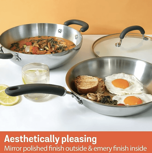 Meyer Trivantage Nickel Free Stainless Steel 3 Piece Cookware Set | Triply Cookware Set with Heavy Bottom | Induction base cookware set - 24cm Frying Pan + Kadai with Interchangeable Lid, Silver