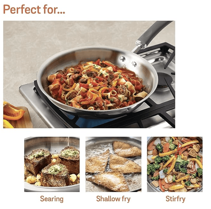 Meyer Trivantage Nickel Free Stainless Steel Triply Cookware Frypan | Steel Pan for Cooking | Fry pan Tri ply with Heavy Bottom | Small Frying Pan | Gas and Induction Base, 28cm/ 2.97 Litre, Silver