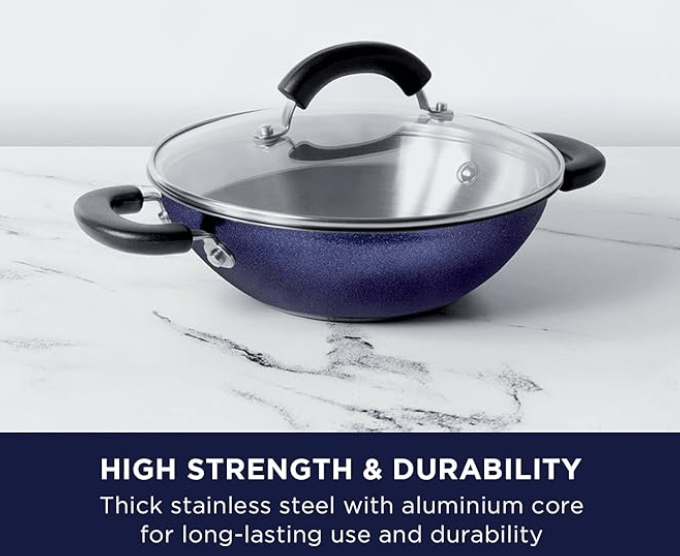 Meyer Centennial Nickel Free Kadai | Steel Kadhai for Deep Frying | Stainless Steel Cookware | Deep Kadai | kadai with lid for Cooking | Steel kadhai Induction Base, 22cm, Blue Diamond