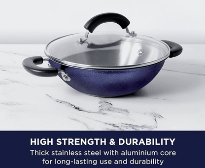 Meyer Centennial Nickel Free Kadai | Steel Kadhai for Deep Frying | Stainless Steel Cookware | Deep Kadai | kadai with lid for Cooking | Steel kadhai Induction Base, 22cm, Blue Diamond