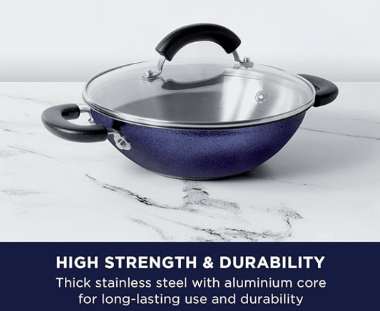 Meyer Centennial Nickel Free Kadai | Steel Kadhai for Deep Frying | Stainless Steel Cookware | Deep Kadai | kadai with lid for Cooking | Steel kadhai Induction Base, 22cm, Blue Diamond