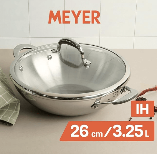 Meyer Select Nickel Free Stainless Steel Kadai, Kadhai with Glass Lid | Steel Kadai with Triply Base | Stainless Steel Cookware for Deep Frying| Gas and Induction Compatible, 26cm/ 3.25 Liters, Silver