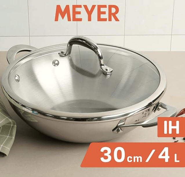 Meyer Select Nickel Free Stainless Steel Kadai | Kadhai with Glass Lid | Steel Kadai with Triply Base | Stainless Steel Cookware for Deep Frying| Gas and Induction Compatible, 30cm/ 4 Liters, Silver
