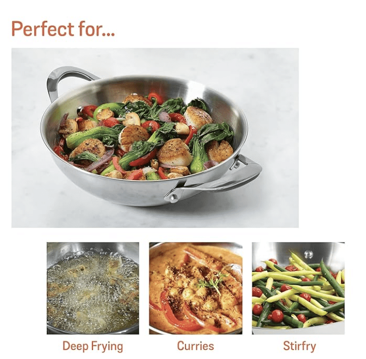 Meyer Select Nickel Free Stainless Steel Kadai | Kadhai with Glass Lid | Steel Kadai with Triply Base | Stainless Steel Cookware for Deep Frying| Gas and Induction Compatible, 30cm/ 4 Liters, Silver