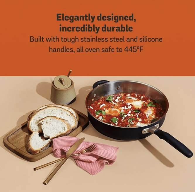 Meyer Accent Series Stainless Steel Saute Pan with Silicone Handle | Steel Frying Pan | Steel Pan | Frying pan with Induction Base, 4.5 Liters, 28cm, Black