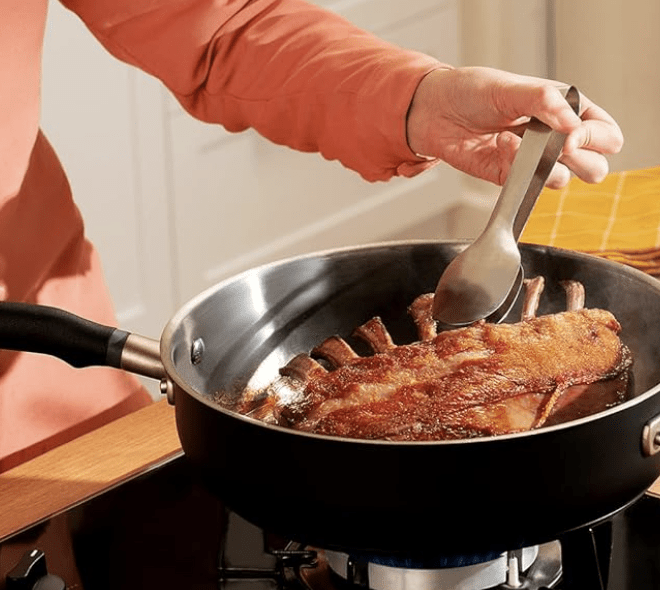 Meyer Accent Series Stainless Steel Saute Pan with Silicone Handle | Steel Frying Pan | Steel Pan | Frying pan with Induction Base, 4.5 Liters, 28cm, Black