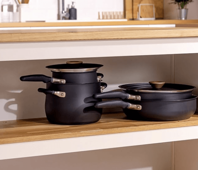 Meyer Accent Series Non Stick and Stainless Steel Spark Edition Cookware Set | Kitchen Set for Home | Induction Cookware Set | Pots and Pans cookware, 6 Piece, Matte Black