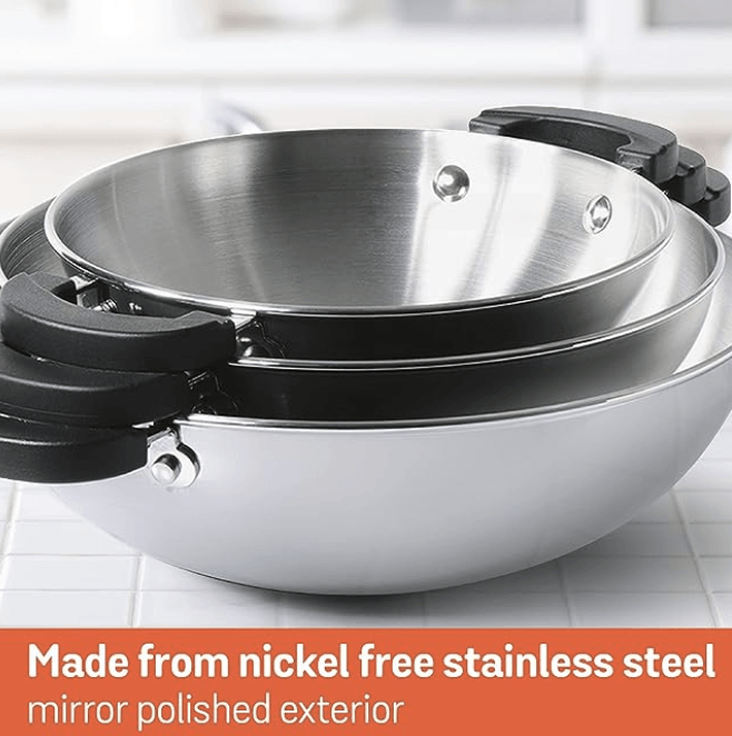 Meyer Kitchen Hacks 3 Piece Nickel Free Stainless Steel Kadai Set | Stainless Steel Cookware Set | Steel Wok Set | Kadhai Set Combo Offer | Induction Utensils Set for Kitchen, Grey