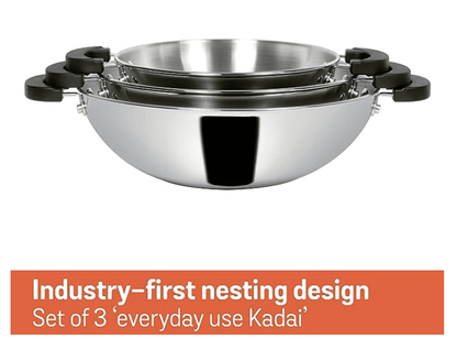 Meyer Kitchen Hacks 3 Piece Nickel Free Stainless Steel Kadai Set | Stainless Steel Cookware Set | Steel Wok Set | Kadhai Set Combo Offer | Induction Utensils Set for Kitchen, Grey