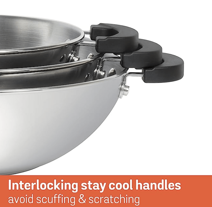 Meyer Kitchen Hacks 3 Piece Nickel Free Stainless Steel Kadai Set | Stainless Steel Cookware Set | Steel Wok Set | Kadhai Set Combo Offer | Induction Utensils Set for Kitchen, Grey