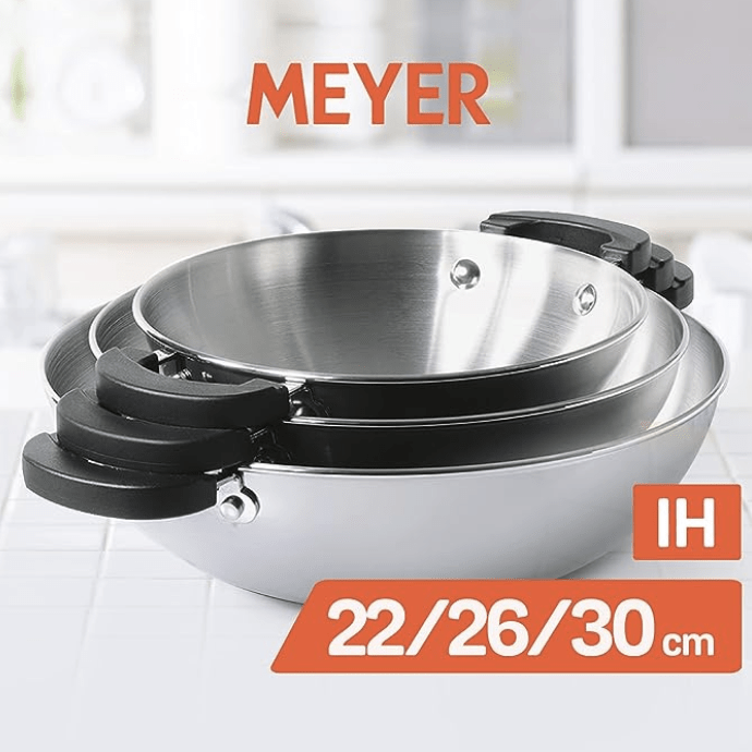 Meyer Kitchen Hacks 3 Piece Nickel Free Stainless Steel Kadai Set | Stainless Steel Cookware Set | Steel Wok Set | Kadhai Set Combo Offer | Induction Utensils Set for Kitchen, Grey